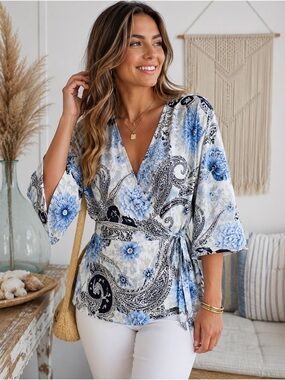 Soho Jeans Blue Floral Paisley Wrap Blouse Peplum Top Large